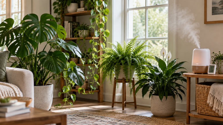 Humidifier placed near several healthy houseplants in a bright room, with a digital hygrometer monitoring indoor humidity levels.