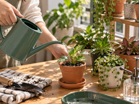 Small potted houseplants arranged in a bright indoor space, with careful watering and soil checking to show how to manage small containers without overwatering or letting them dry out.