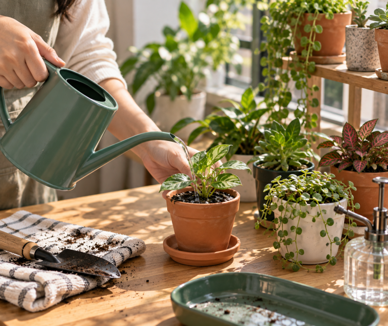 Small potted houseplants arranged in a bright indoor space, with careful watering and soil checking to show how to manage small containers without overwatering or letting them dry out.