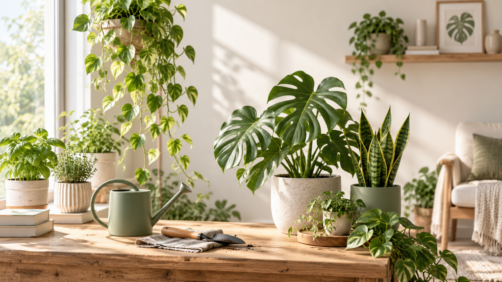 Healthy indoor plants growing in a bright home interior