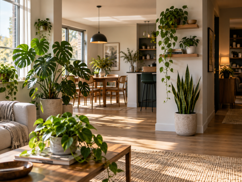 Houseplants placed in bright, medium, and lower-light areas of a modern home, showing how distance from windows affects indoor plant lighting.