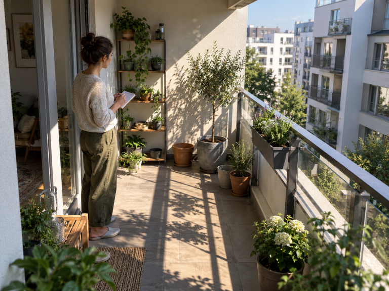 Person observing and recording sunlight patterns on a small balcony with potted plants, shadows, railings, and nearby buildings affecting light exposure.