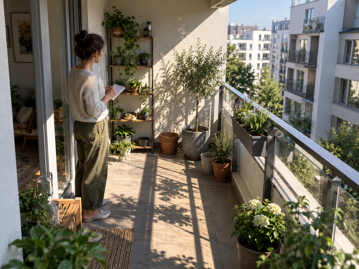 Person observing and recording sunlight patterns on a small balcony with potted plants, shadows, railings, and nearby buildings affecting light exposure.