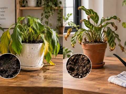 Side-by-side comparison of an overwatered houseplant with wet soil and yellowing leaves and an underwatered houseplant with dry soil, wilted leaves, and brown edges.