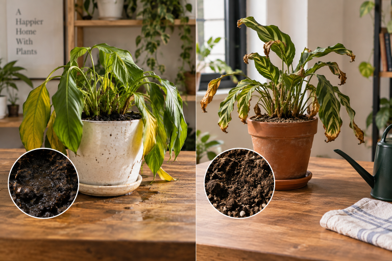 Side-by-side comparison of an overwatered houseplant with wet soil and yellowing leaves and an underwatered houseplant with dry soil, wilted leaves, and brown edges.