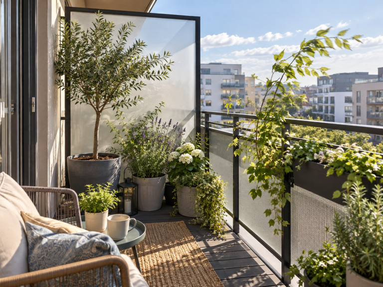 Balcony plants arranged behind a partial wind screen with open access to sunlight, showing a practical way to reduce strong wind while preserving light and airflow.