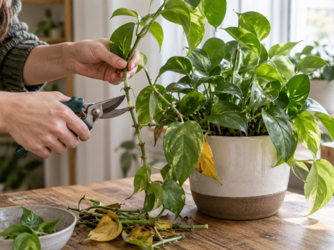 Person pruning a pothos houseplant with clean shears near a bright window, removing leggy and yellowing growth to encourage a healthier, more balanced shape.