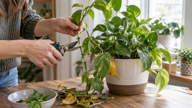 Person pruning a pothos houseplant with clean shears near a bright window, removing leggy and yellowing growth to encourage a healthier, more balanced shape.