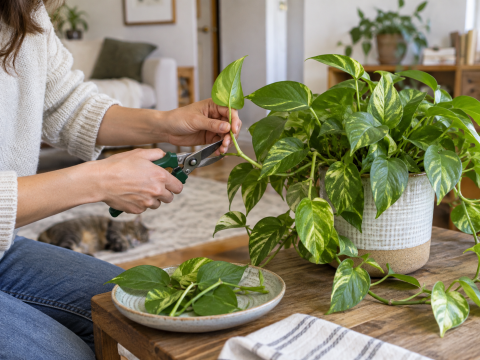 Person pruning a pothos houseplant with clean shears, removing selected stems to encourage healthier and more balanced indoor growth.