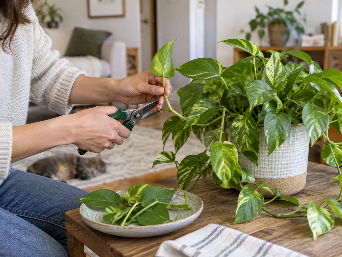 Person pruning a pothos houseplant with clean shears, removing selected stems to encourage healthier and more balanced indoor growth.