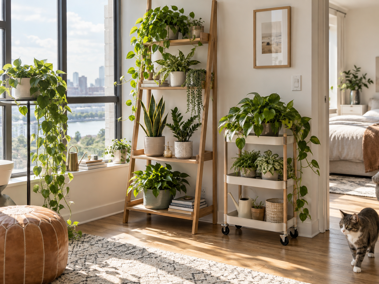 Freestanding ladder shelf and rolling plant cart displaying houseplants in a bright apartment without drilling into the walls.