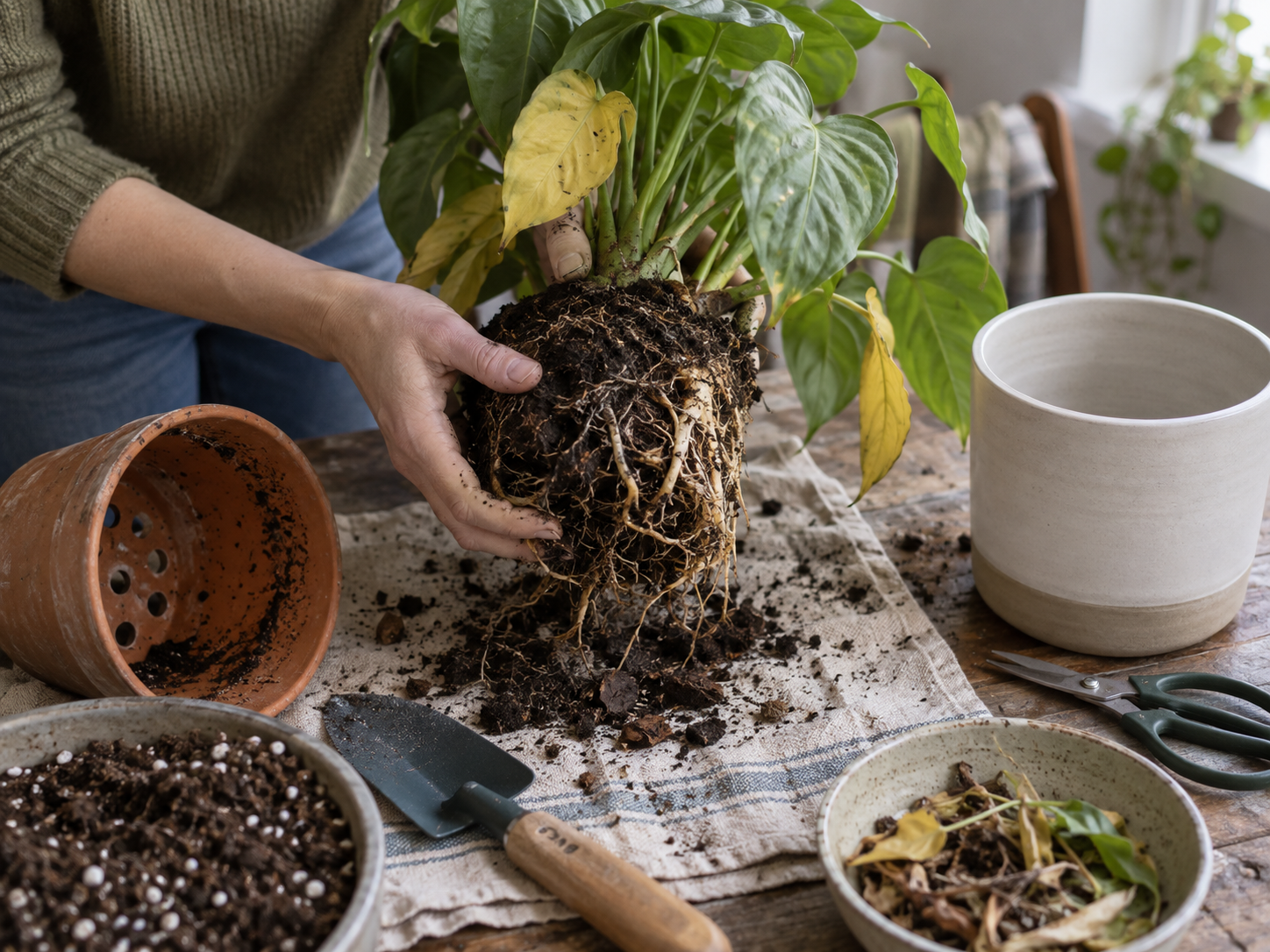 Person inspecting the roots of a stressed houseplant with yellowing leaves, showing dark damaged roots, wet soil, and repotting tools during a root rot check.