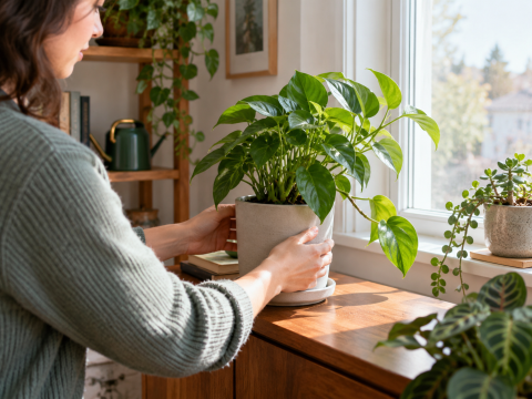 Person gently rotating a potted houseplant near a bright window to encourage more even growth and balanced light exposure.