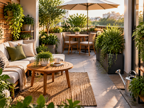 A small patio garden divided into functional zones with seating, plants, and walkways, showing how to organize greenery without making a limited outdoor space feel crowded.