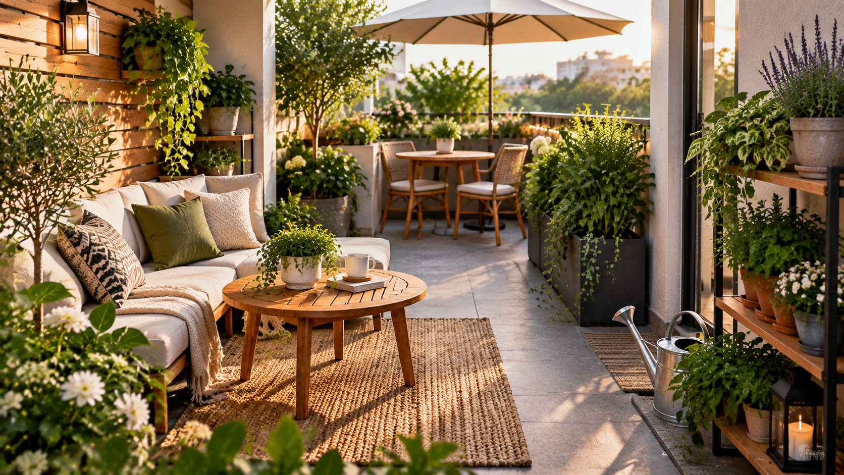 A small patio garden divided into functional zones with seating, plants, and walkways, showing how to organize greenery without making a limited outdoor space feel crowded.