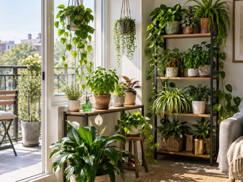 Small-space indoor garden with potted houseplants arranged on shelves, hanging planters, and a bright balcony corner to maximize limited growing space.