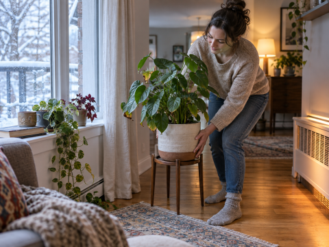Person moving a houseplant away from a cold window and nearby heating vent to reduce temperature stress in a winter living room.