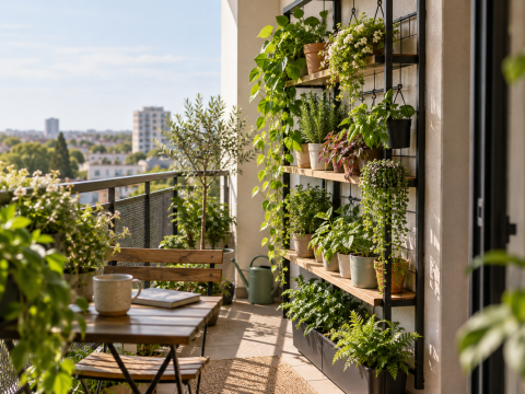 Compact urban balcony with a vertical plant rack, herbs, trailing plants, and open floor space arranged for good light, airflow, drainage, and easy maintenance.