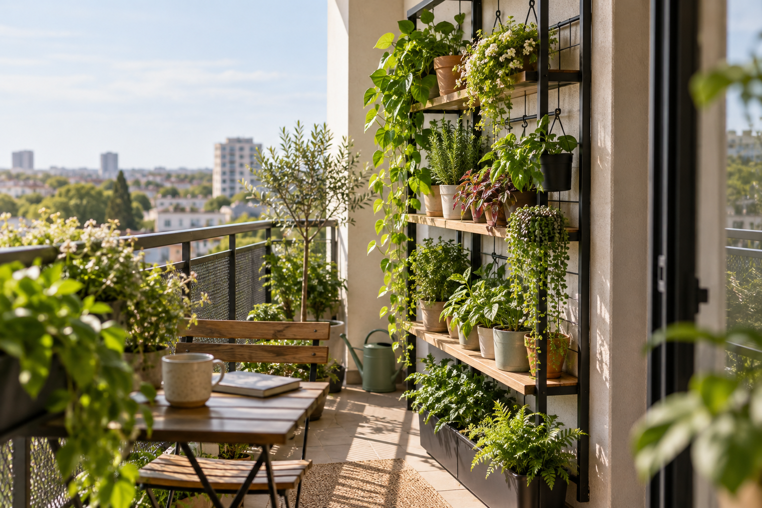 Compact urban balcony with a vertical plant rack, herbs, trailing plants, and open floor space arranged for good light, airflow, drainage, and easy maintenance.