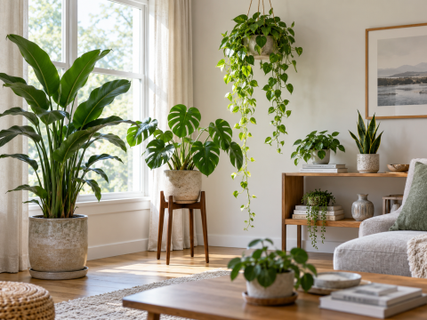 Houseplants arranged at different heights with open space between pots in a bright living room, allowing good light, airflow, and easy plant care.