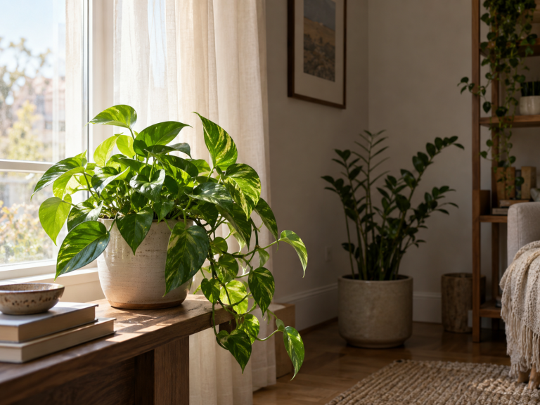 Houseplants placed at different distances from a bright window, showing how indoor light becomes much dimmer farther into the room.
