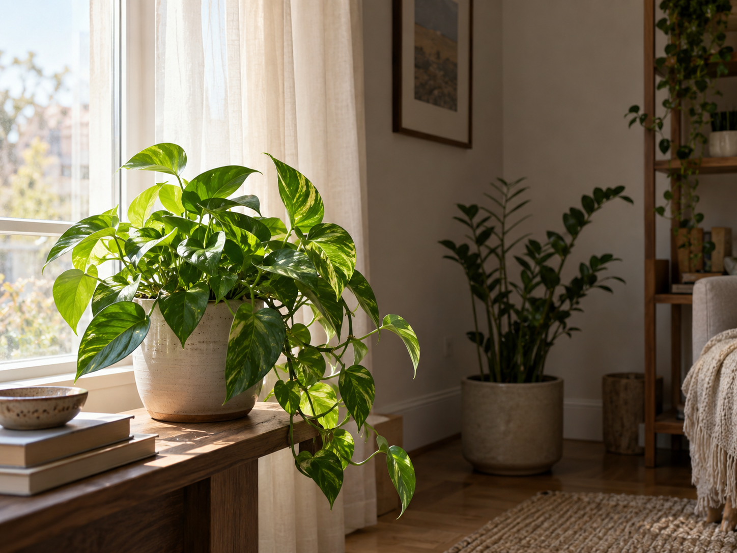 Houseplants placed at different distances from a bright window, showing how indoor light becomes much dimmer farther into the room.