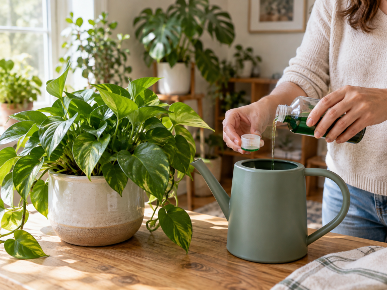 Person measuring liquid fertilizer into a watering can beside a healthy houseplant in a bright indoor room.
