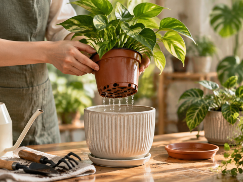 A houseplant in a nursery pot with drainage holes being lifted above a decorative cachepot, showing how excess water drains safely while maintaining healthy indoor plant care.