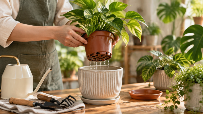 A houseplant in a nursery pot with drainage holes being lifted above a decorative cachepot, showing how excess water drains safely while maintaining healthy indoor plant care.