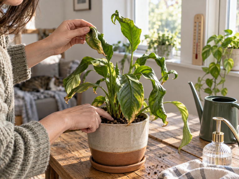 Person inspecting curled leaves on a stressed houseplant near a bright window while checking soil moisture and indoor growing conditions.