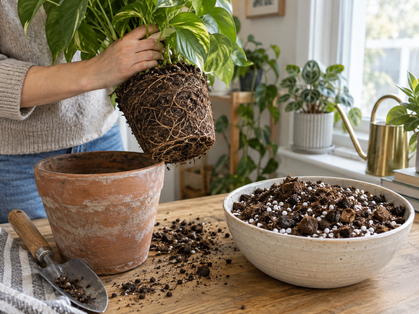 Person removing a root-bound houseplant from a pot beside fresh airy potting mix with perlite, showing compacted roots and preparation for better root-zone airflow.