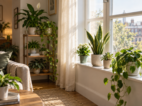 Indoor plants arranged beside a bright window and on a nearby shelf, showing how window light and distance affect plant placement in the home.