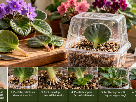 Step-by-step African violet leaf propagation showing healthy leaf cuttings, petiole rooting in airy potting mix, new plantlet formation, and transplanting young African violets into individual pots