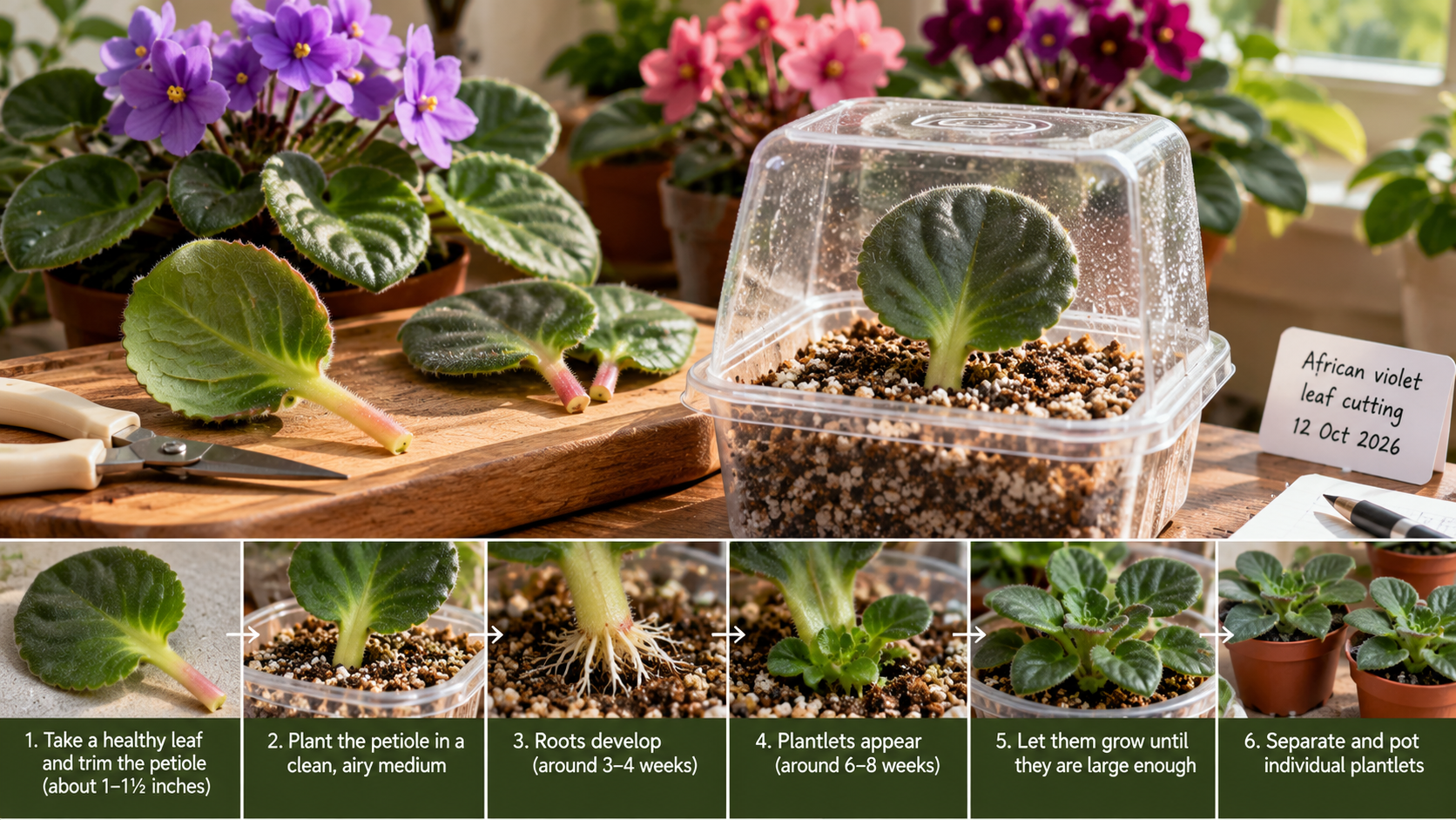 Step-by-step African violet leaf propagation showing healthy leaf cuttings, petiole rooting in airy potting mix, new plantlet formation, and transplanting young African violets into individual pots