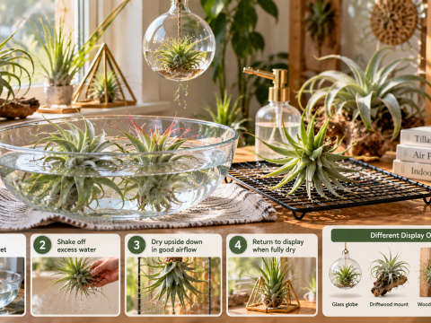 Tillandsia air plant care showing water soaking, excess water removal, upside-down drying with good airflow, and different indoor display options.