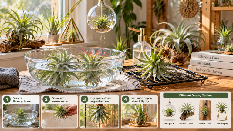 Tillandsia air plant care showing water soaking, excess water removal, upside-down drying with good airflow, and different indoor display options.