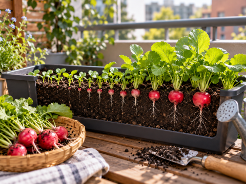 Red radishes growing at different stages in a rectangular balcony planter, with green leaves, visible roots, and freshly harvested radishes in a basket.