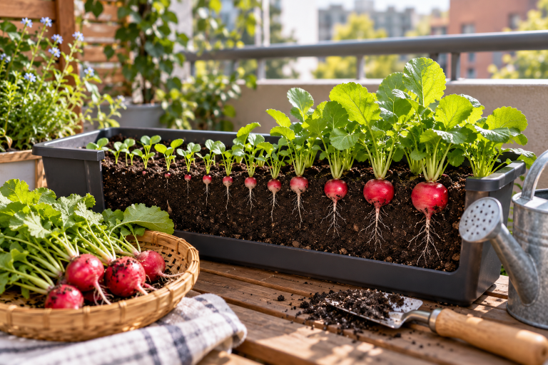 Red radishes growing at different stages in a rectangular balcony planter, with green leaves, visible roots, and freshly harvested radishes in a basket.