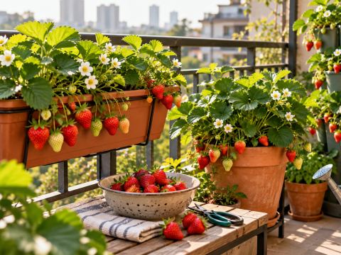 Strawberry plants growing in containers on a sunny apartment balcony, featuring ripe red strawberries, white blossoms, hanging planters, and freshly harvested fruit.