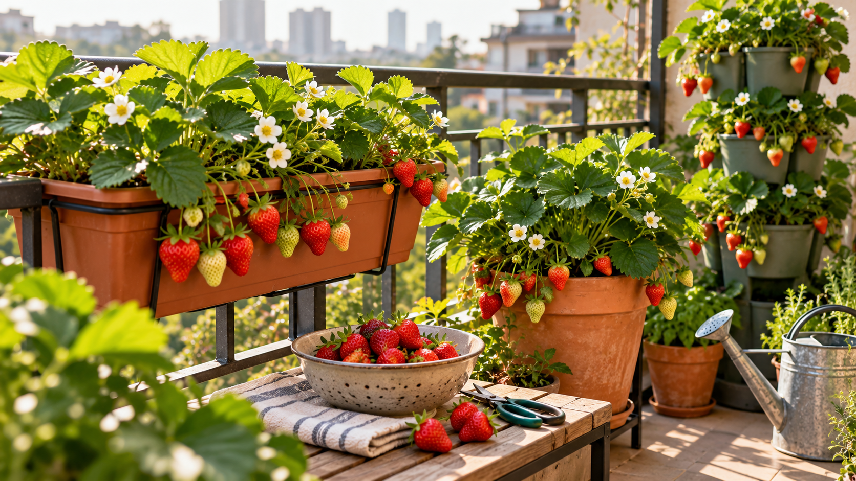 Strawberry plants growing in containers on a sunny apartment balcony, featuring ripe red strawberries, white blossoms, hanging planters, and freshly harvested fruit.