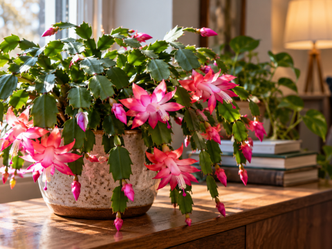 Holiday cactus (Schlumbergera) with vibrant pink flowers and developing buds in a ceramic pot beside a bright indoor window.