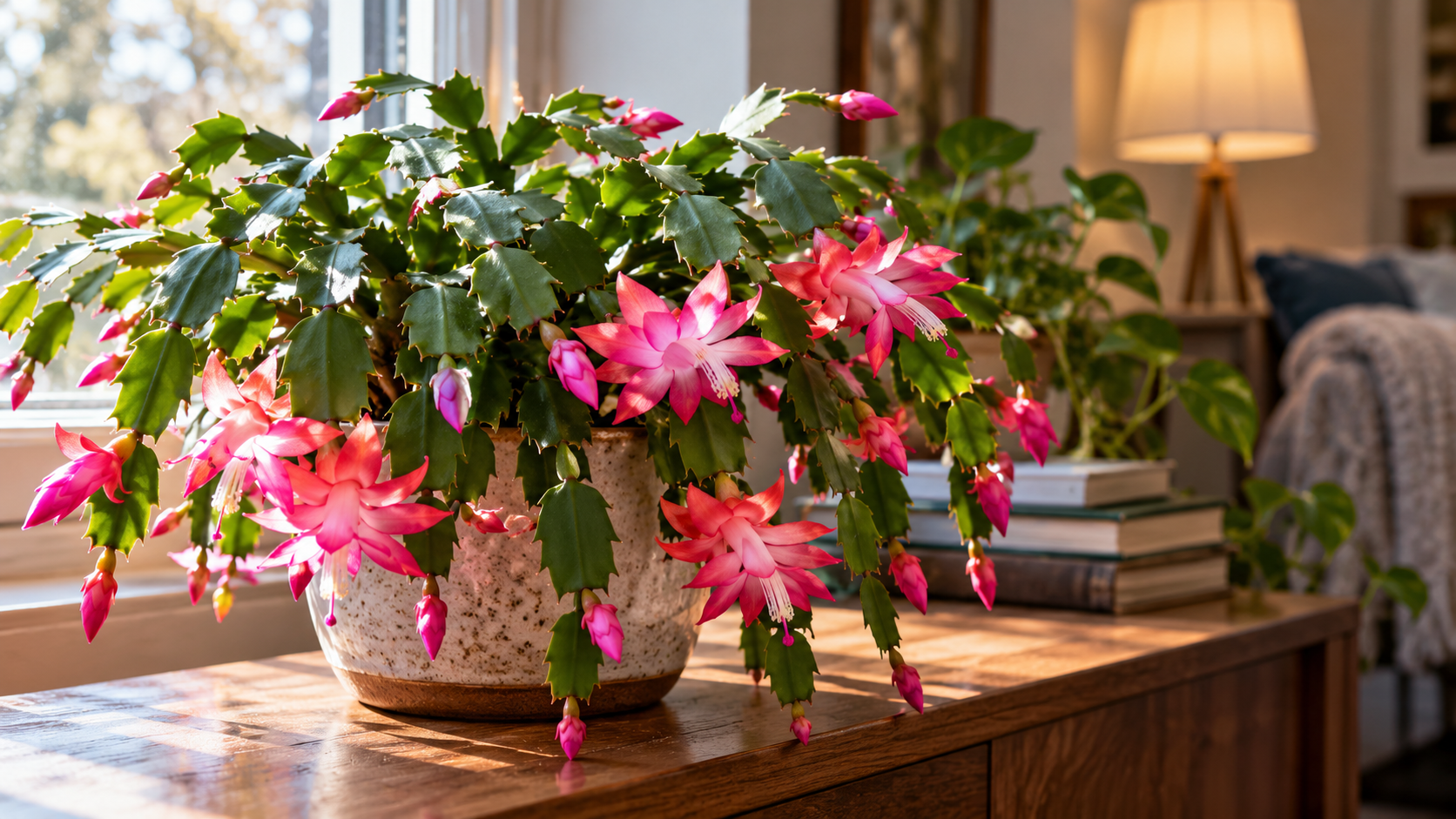 Holiday cactus (Schlumbergera) with vibrant pink flowers and developing buds in a ceramic pot beside a bright indoor window.