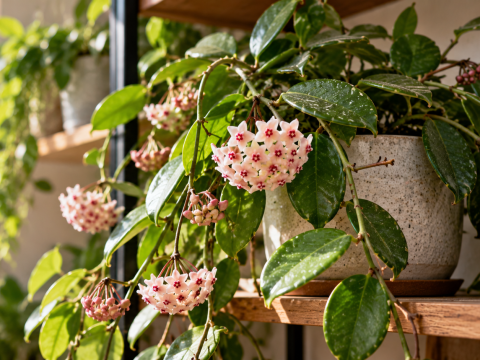 Flowering Hoya carnosa wax plant with clusters of pink star-shaped flowers, developing buds, and glossy green leaves trailing from a ceramic pot on a wooden shelf.