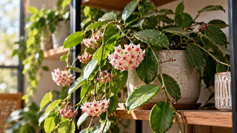 Flowering Hoya carnosa wax plant with clusters of pink star-shaped flowers, developing buds, and glossy green leaves trailing from a ceramic pot on a wooden shelf.