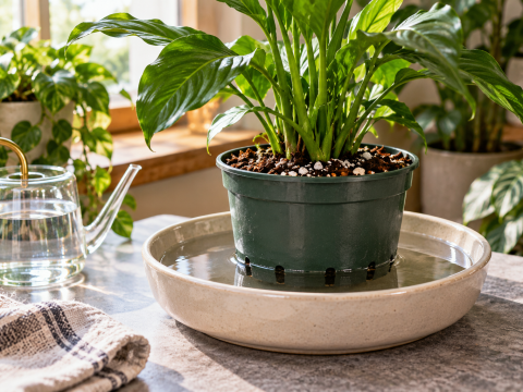 Bottom watering a houseplant in a plastic nursery pot placed in a shallow water-filled tray, allowing moisture to absorb through drainage holes into the potting soil.