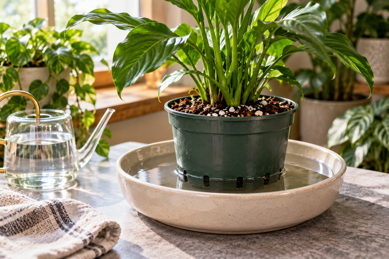 Bottom watering a houseplant in a plastic nursery pot placed in a shallow water-filled tray, allowing moisture to absorb through drainage holes into the potting soil.