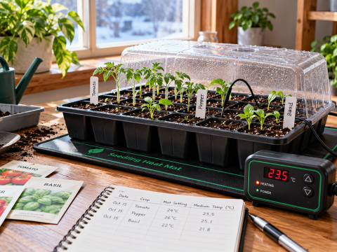 Indoor seed-starting tray with tomato, pepper, and basil seedlings growing on a thermostatically controlled seedling heat mat, with a digital temperature controller displaying 23.5°C.