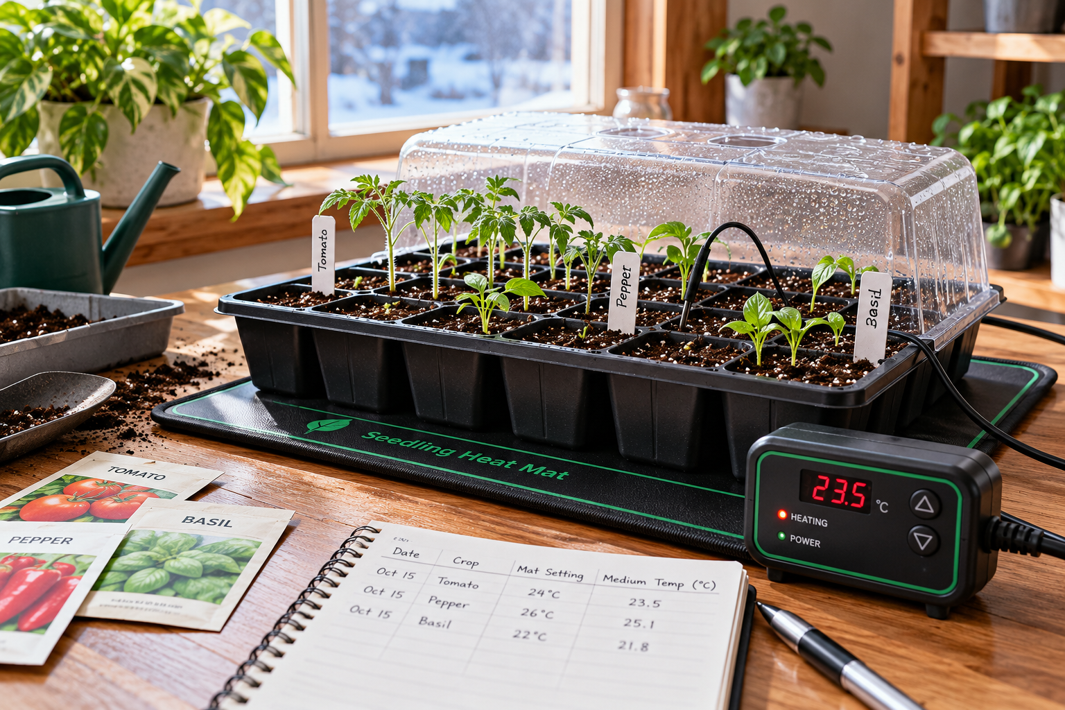 Indoor seed-starting tray with tomato, pepper, and basil seedlings growing on a thermostatically controlled seedling heat mat, with a digital temperature controller displaying 23.5°C.