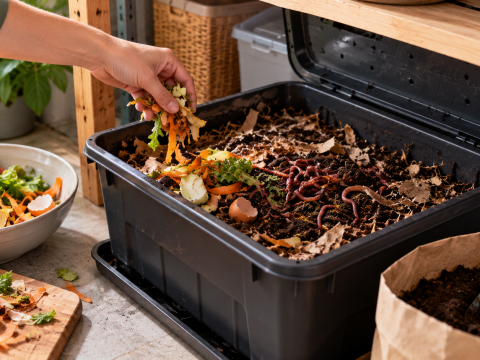 Indoor worm composting bin with red wigglers, vegetable scraps, and organic bedding.