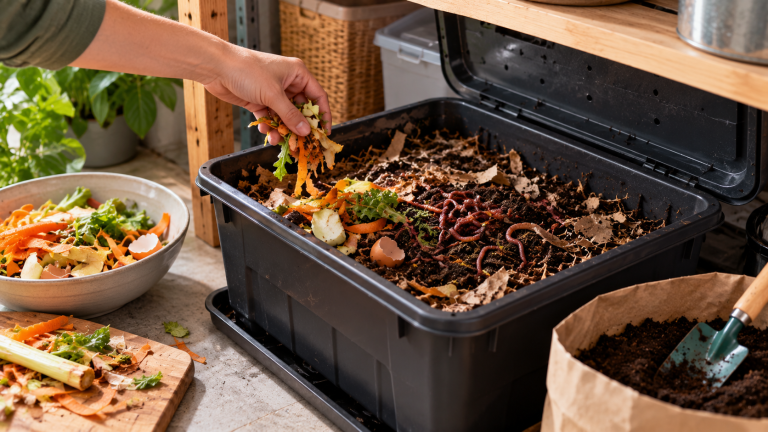 Indoor worm composting bin with red wigglers, vegetable scraps, and organic bedding.